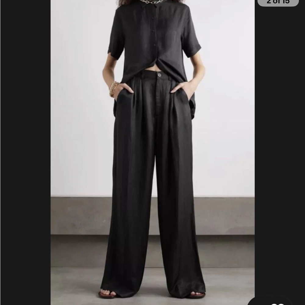 Anine Bing Carla Pleated Twill Wide Leg Trousers Pants Linen Blend Black Size 34 - Picture 2 of 13